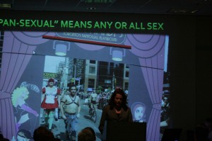 Kalamazoo County Treasurer Mary Balkema presents a slide show while arguing against the anti-discrimination ordinance in Kalamazoo Monday night. 